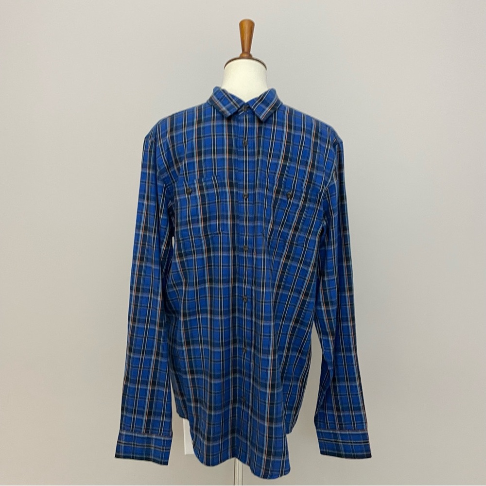 Prana Flannel Shirt Dolberg Plaid Two Chest Pockets Organic Cotton Blue Orange